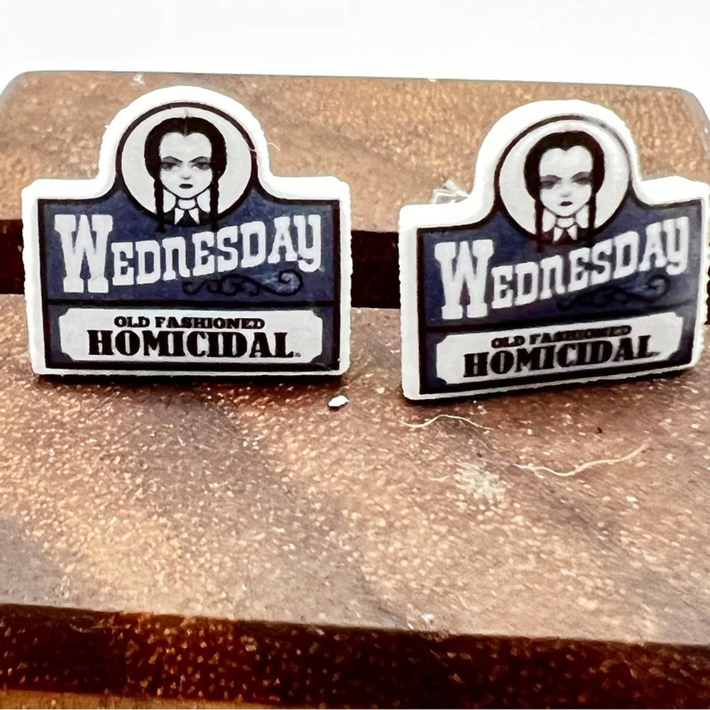 Wednesday Addams, Wendy’s logo small enamel stud earrings. Halloween goth. - Picture 8 of 9